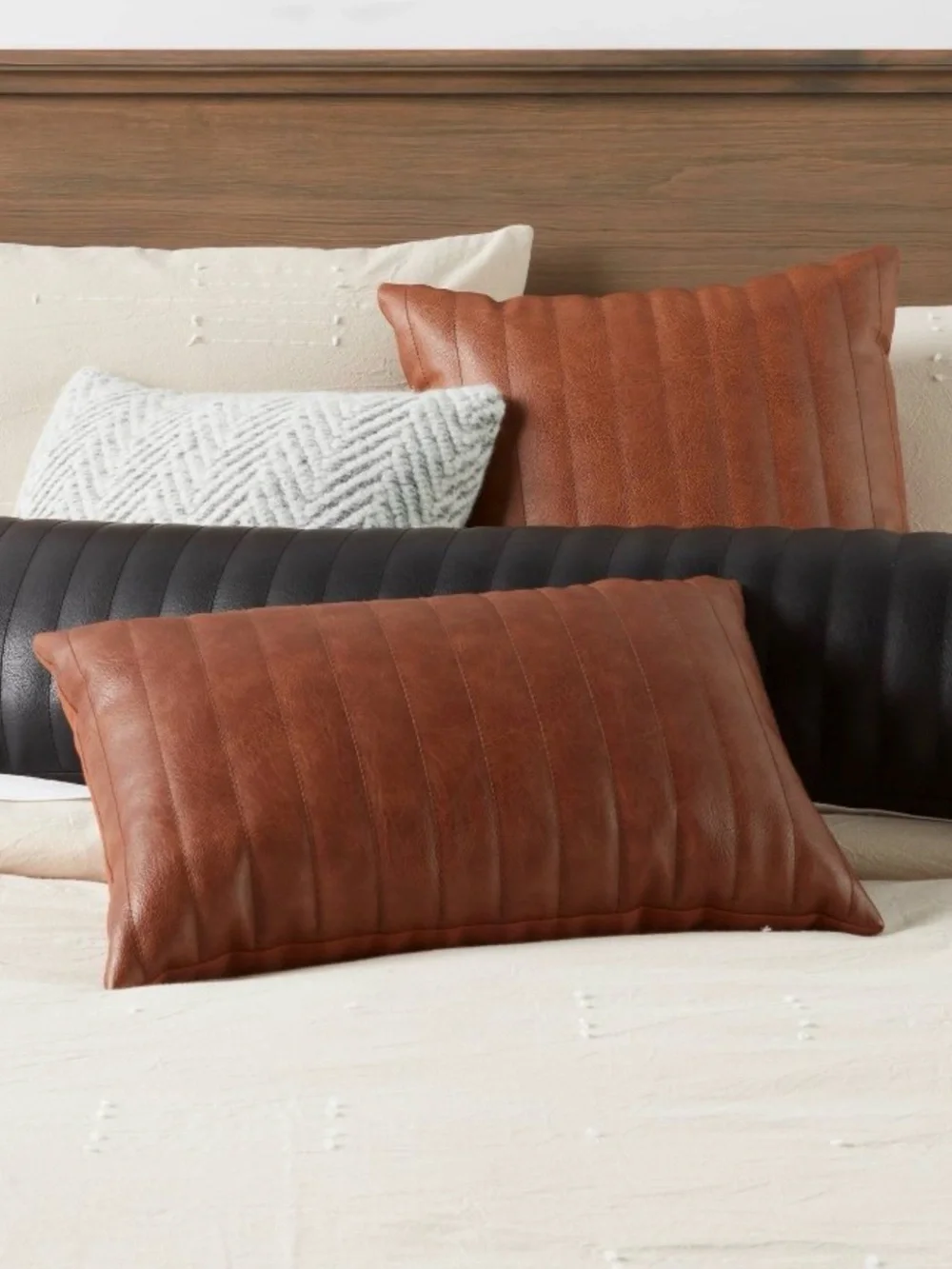 Oblong Faux Leather Channel Stitch Decorative Throw Pillow Cognac - Threshold™